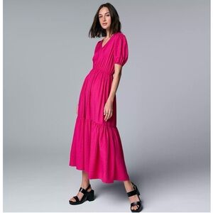 Simply Vera Tiered Maxi Dress Size Large Raspberry Pink Peasant Boho Vera Wang
